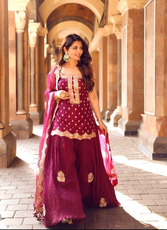Soft Knitwear Satin Silk with Heavy Sequence work Sharara Suit