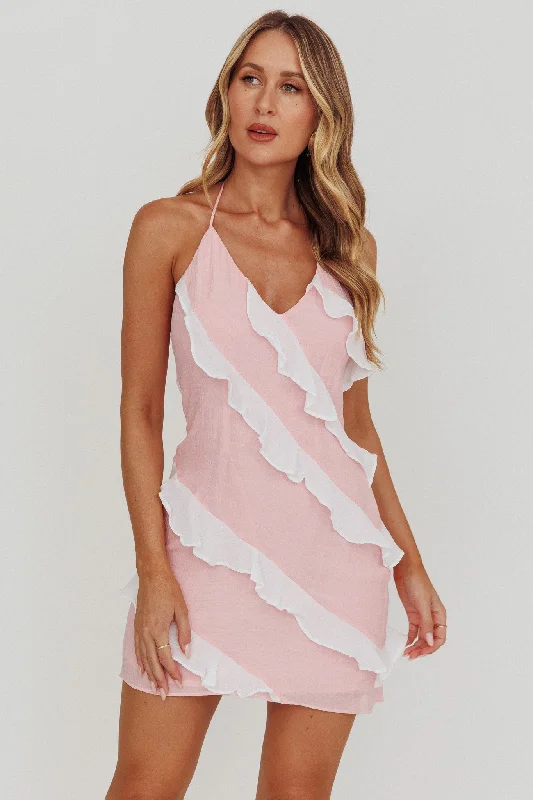 Soft Comfort Wear Arrabel Halterneck Contrast Ruffle Mini Dress Pink