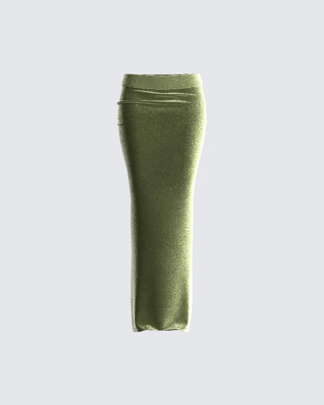 Cozy Lounge Wear Ayla Olive Green Velvet Maxi Skirt
