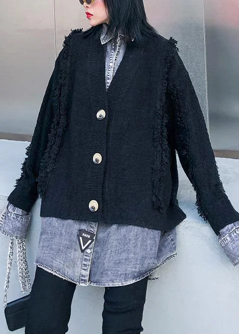 Easy-to-Wear Cozy black knit coats plus size patchwork false two pieces knit sweat tops