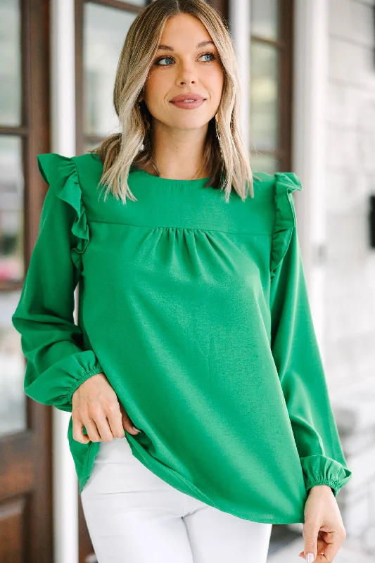 Elegant Casuals Feeling Important Kelly Green Ruffled Blouse