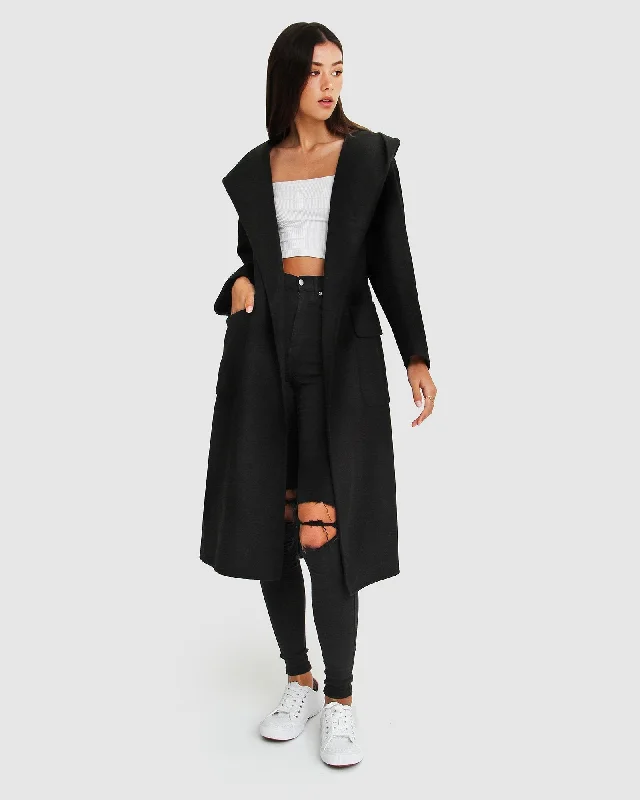 Casual Ease Runaway Wool Blend Robe Coat - Black