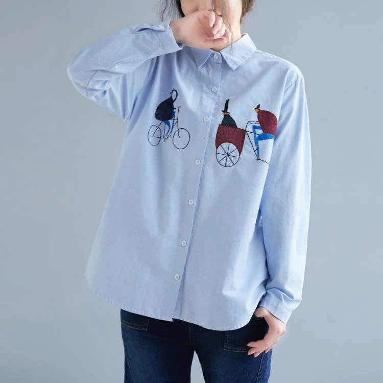 Comfy Dress diy blue cotton linen tops women blouses Boho Sewing prints box spring blouses