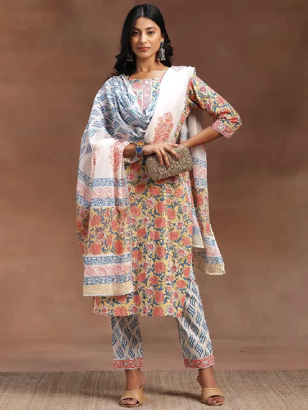 Everyday Style Yellow Printed Cotton Straight Suit With Dupatta