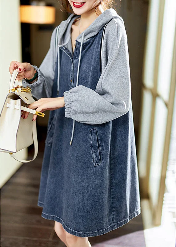 Warm Chic Boutique Blue hooded Pockets Button Patchwork Fall Long sleeve Denim Mid Dress Warm Chic Boutique Blue hooded Pockets Button Patchwork Fall Long sleeve Denim Mid Dress
