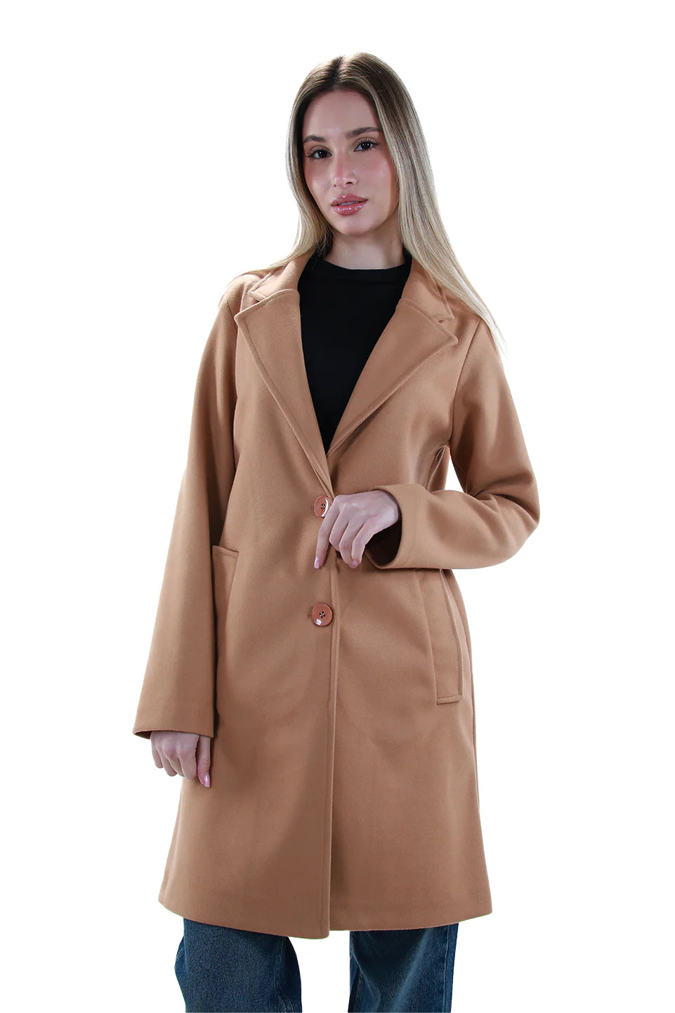 Weekend Comfort Wear Camel Buttoned Coat With Slanted Pockets