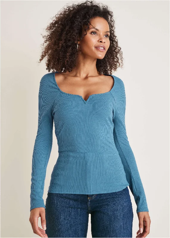 Cozy Essentials Deep Scoop Neck Ribbed Top - Niagara