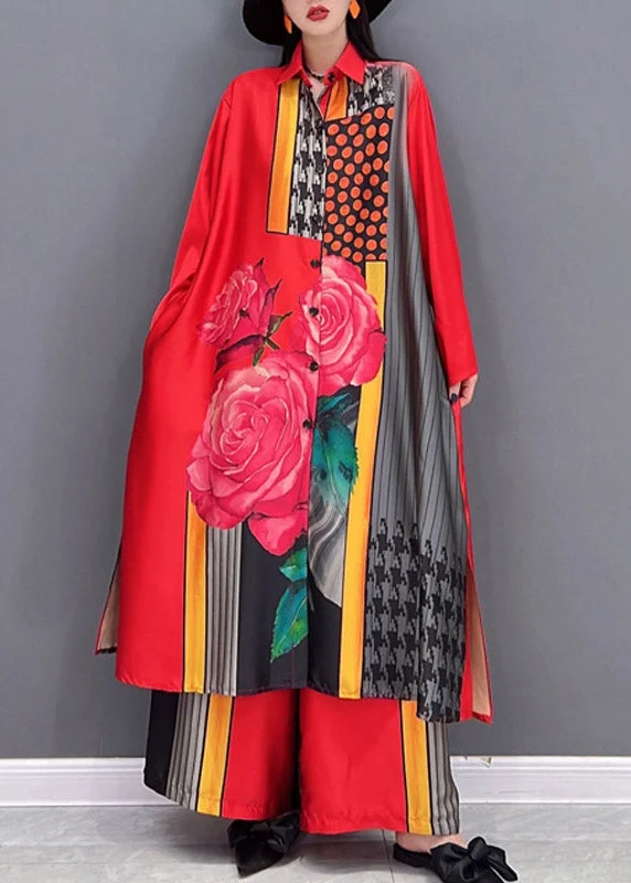 Stylish Ease Fashion Red Peter Pan Collar side open Print Chiffon Long Shirt And wide leg pants Two Piece Long Sleeve