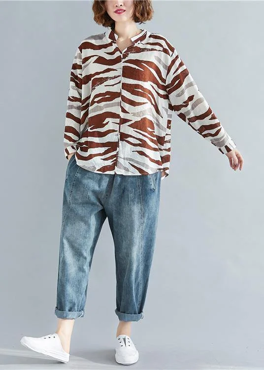Comfortable Tops Chic v neck asymmetric linen clothes For Women chocolate striped cotton shirt