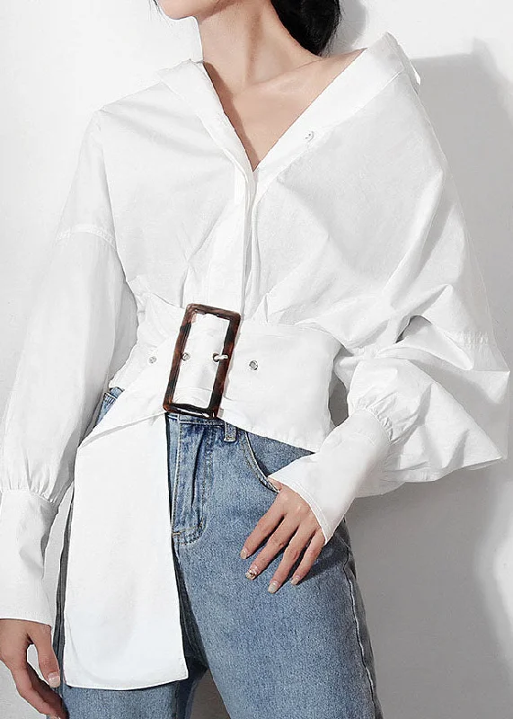 Cozy Essentials Wear fashion White lantern sleeve Sashes Peter Pan Collar Shirts