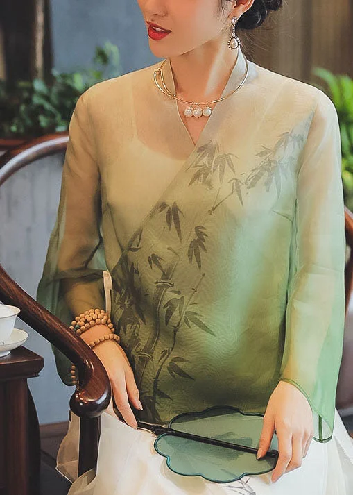 Relaxed Weekend Wear Classy Cyan tie waist V Neck print Silk Tops Spring