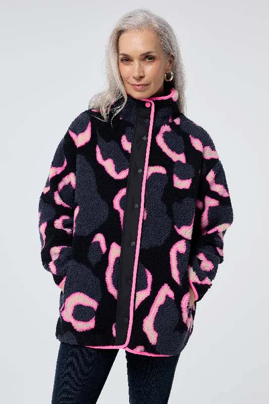 Cozy Chic Wear Navy with Pink Mega Shadow Leopard Button Through Fleece Jacket