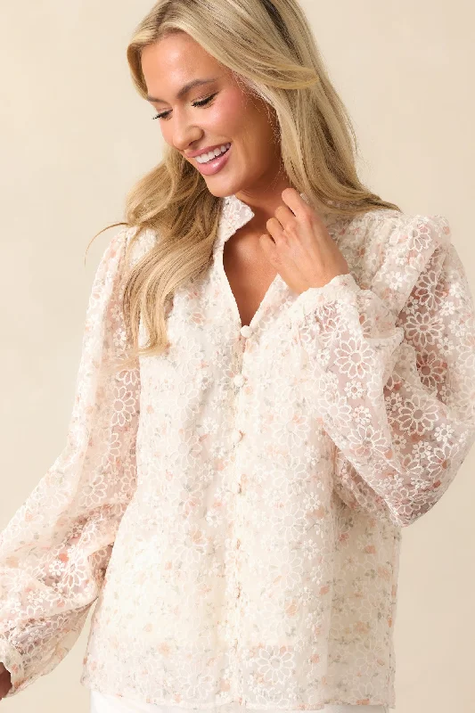 Relaxed Chic Wait For It Ivory Floral Embroidered Button Front Top