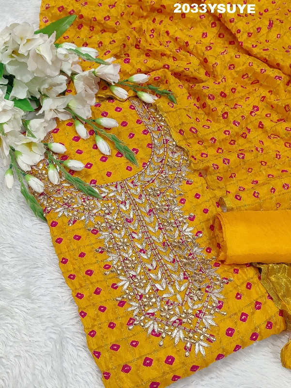 Relaxed Looks KcPc New Beautiful Art Silk Bandhani Gharchola With Gota patti Stone Work Suit KML Relaxed Looks KcPc New Beautiful Art Silk Bandhani Gharchola With Gota patti Stone Work Suit KML