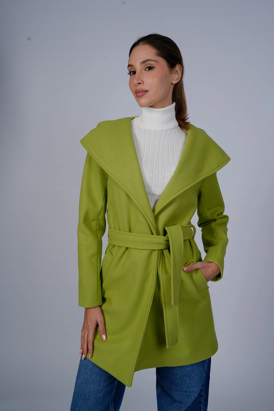 Easy Wear Chic Hooded Wrap Pistache Short Coat