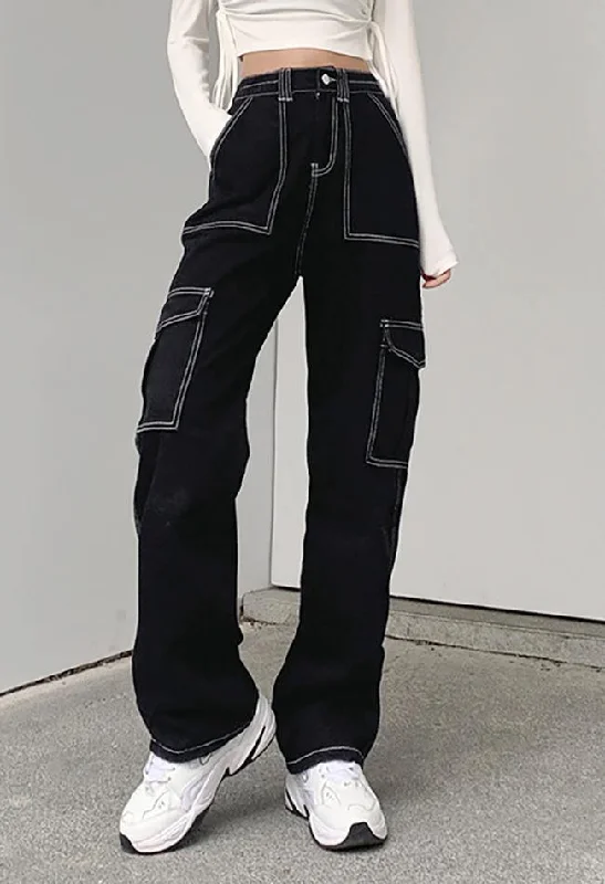 Trendy Layers Pocket Stitched High Waist Cargo Jeans