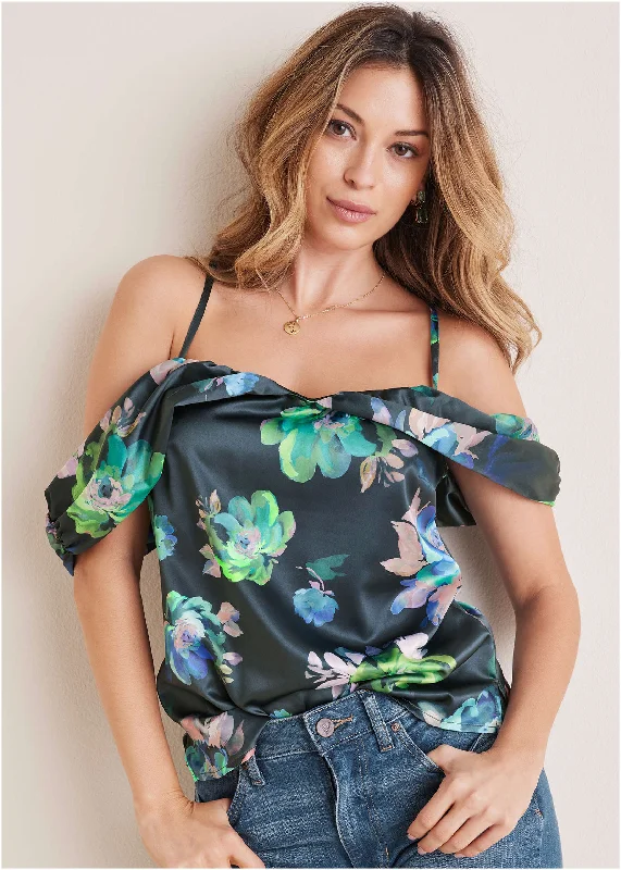 Comfortable Dresses Cold Shoulder Draped Tank - Midnight Garden