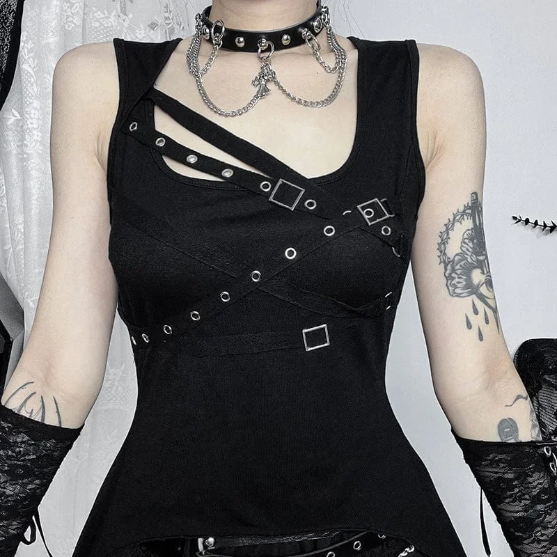 Soft Comfort Women's Punk Irregular Eyelet Strap Splice Tank Top