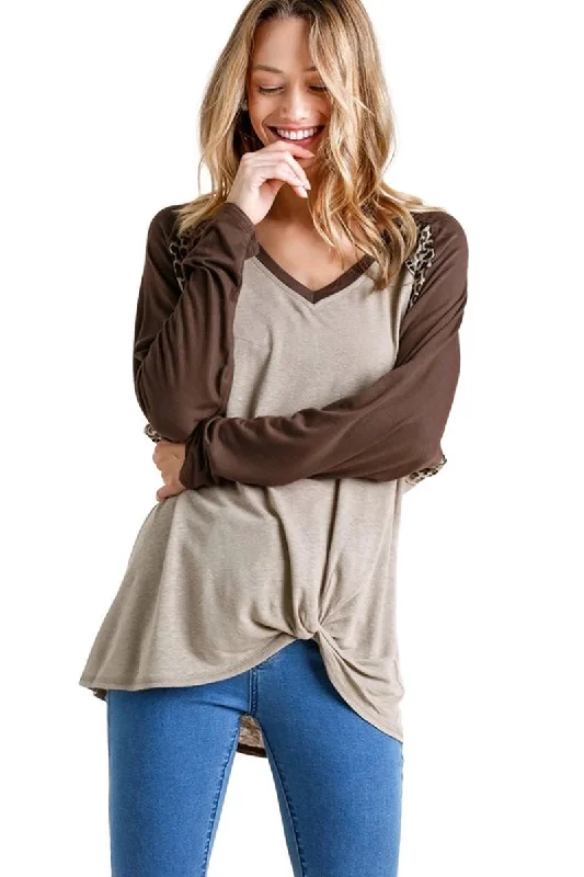 Cozy Outerwear Leopard Knot Top, Latte