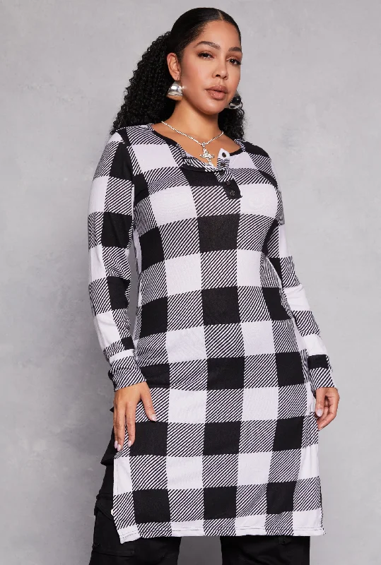 Stylish Jackets Plus Size Buffalo Plaid Henley Tunic Top
