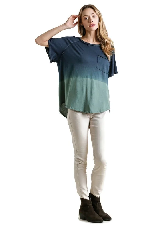 Casual Comfort Dip Dye Raw Edged Top, Navy
