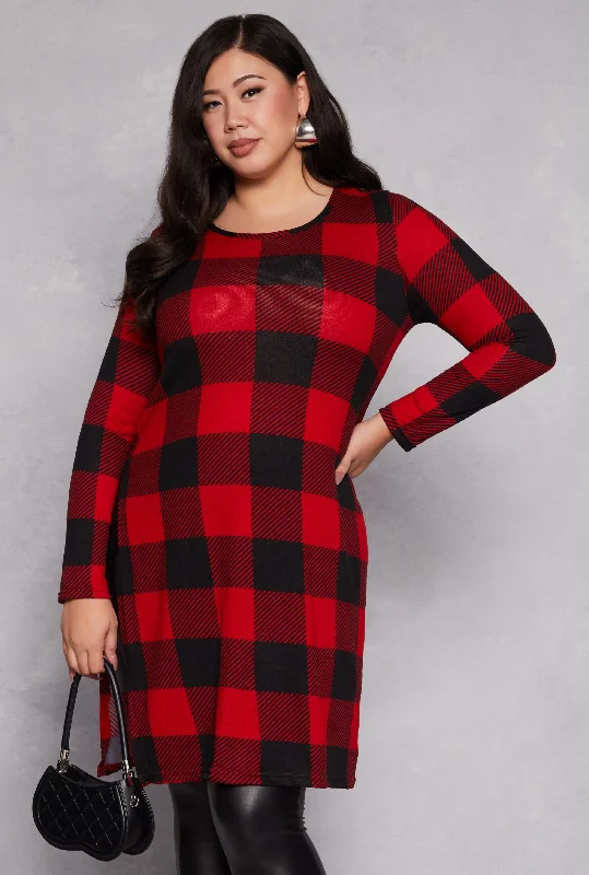 Cozy Fashion Plus Size Buffalo Plaid Side Slit Tunic Top