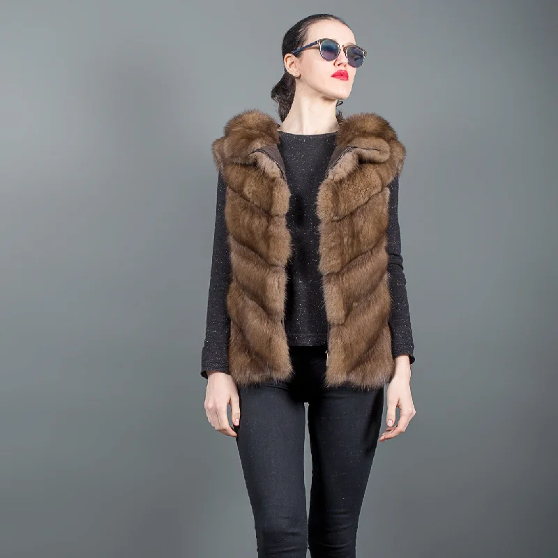 Soft Textures Russian Sable fur Vest with hood and zip