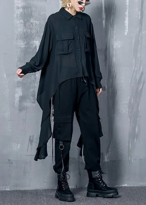Everyday Style French black chiffon clothes asymmetric Plus Size Clothing lapel blouse