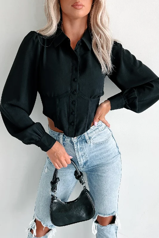 Comfortable Fashion Looks Becoming An Icon Long Sleeve Corset Blouse (Black)