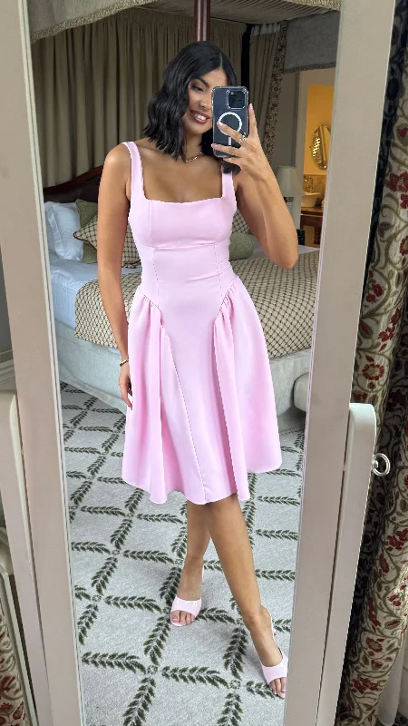 Relaxed Fits Madeline Rose Pink Square Neck Bow Detail Back Knee Length Dress