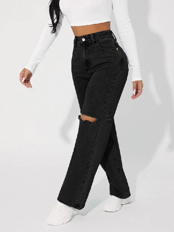 Timeless Style Denimcolab High Waist Straight Pant Fashion Hole In Knee Jeans Woman Loose Boyfriend Jeans Lady Streetwear Cut Out Denim Trouser