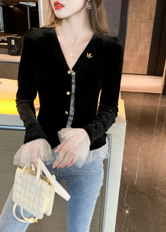 Soft Wearables Classy black V Neck tulle Patchwork Velour top Spring