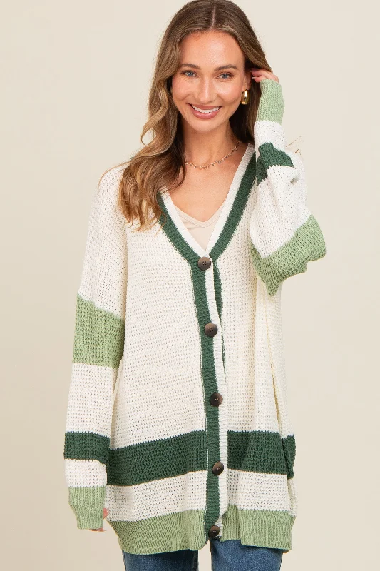 Relaxed Tops Olive Green Colorblock Button Down Cardigan