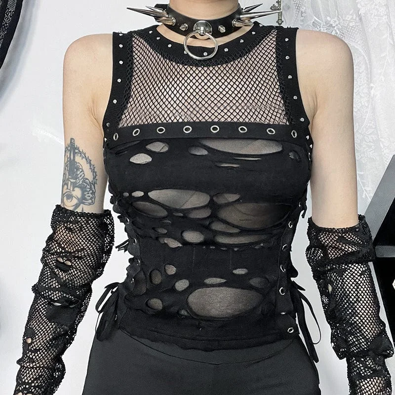 Versatile Style Women's Punk Ripped Mesh Splice Eyelet Tank Top