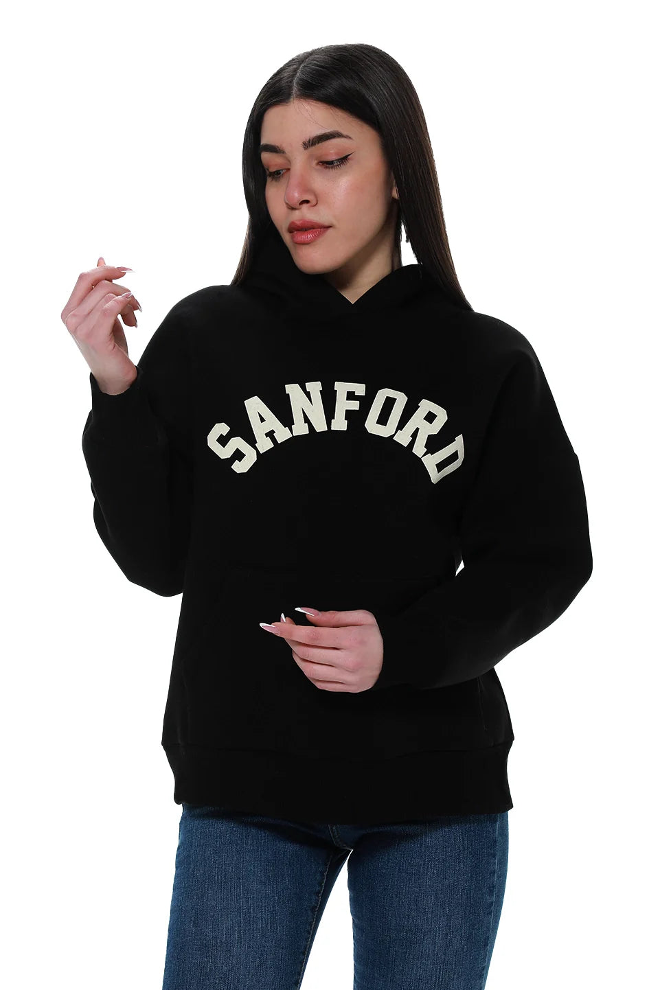 Fashion Comfort Black Fleeced Hoodie With Front Printed Design