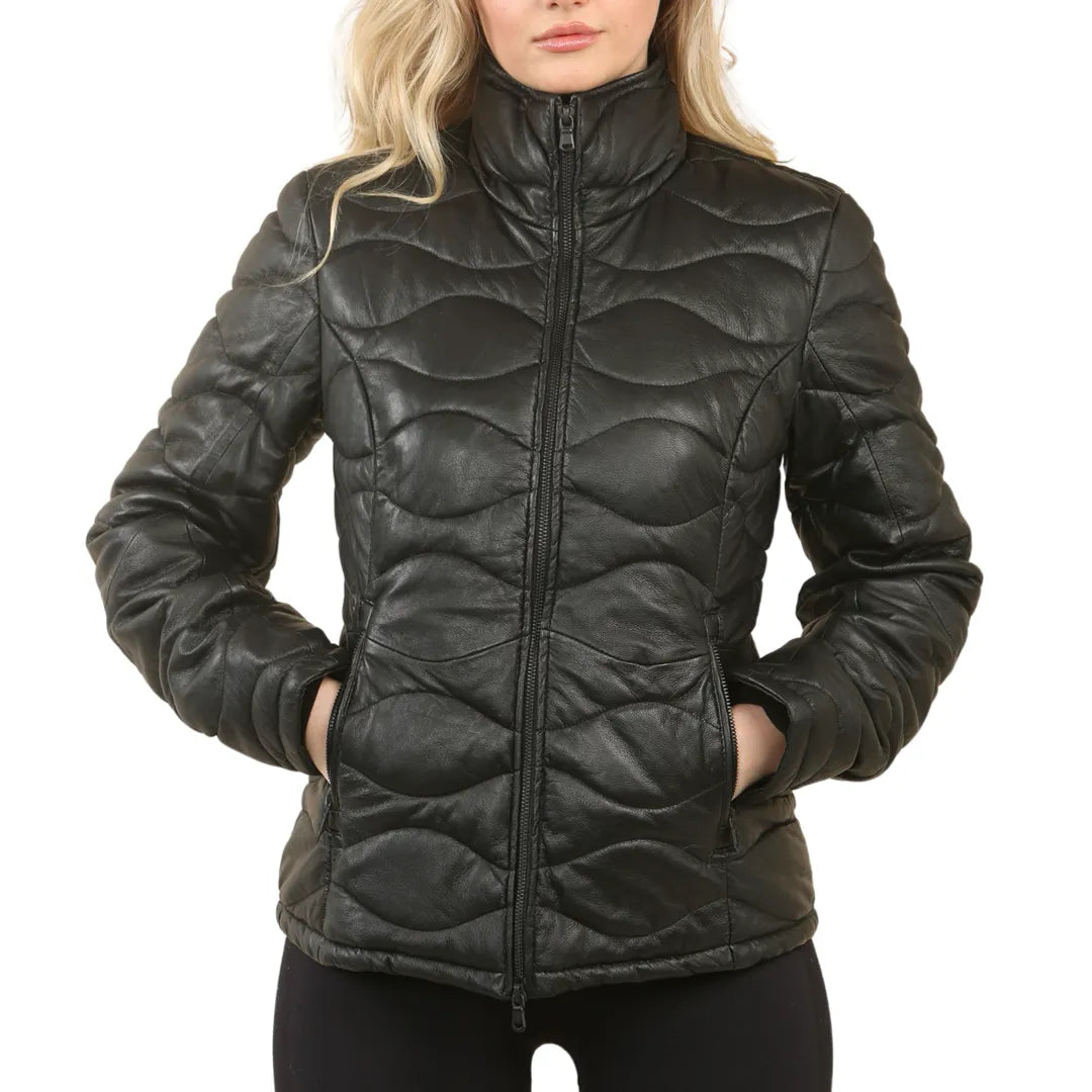 Comfortable Jackets Women's Puffer Quilted Mid Length Leather Jacket