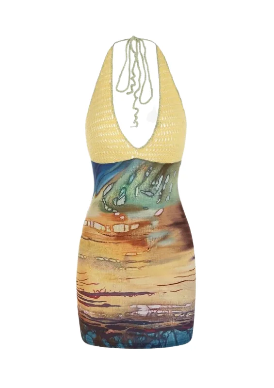 Light Layers A&A Crochet Knit Halter Backless Mini Dress