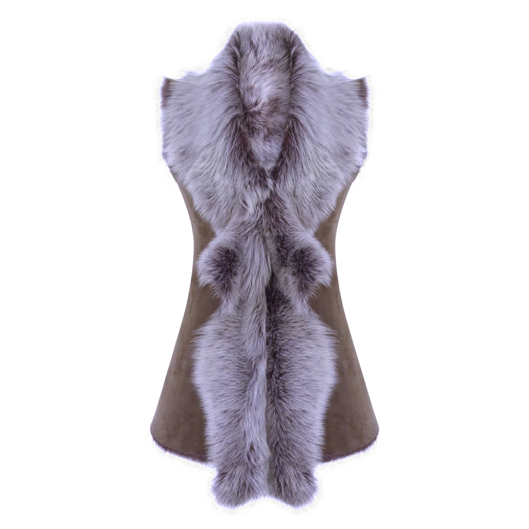 Light Fit Women's Spanish Shearling Sheepskin Toscana Taupe Long Waistcoat Gilet