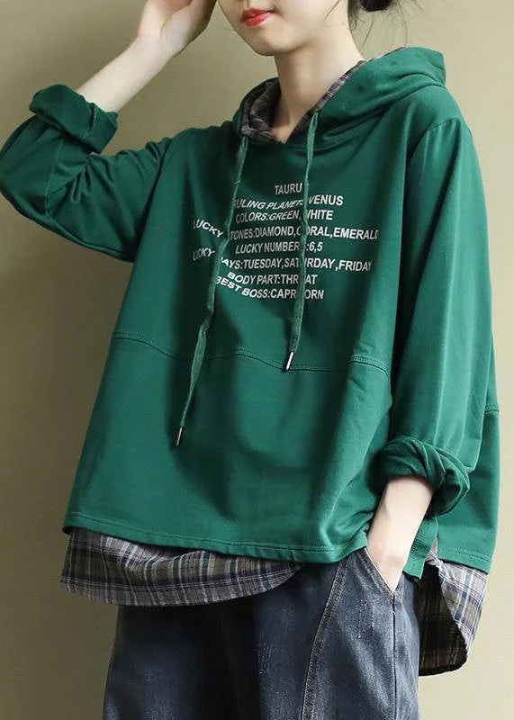 Effortless Dressing Classy Green Hooded drawstring Graphic Fake Two Piece Sweatshirts Top Spring