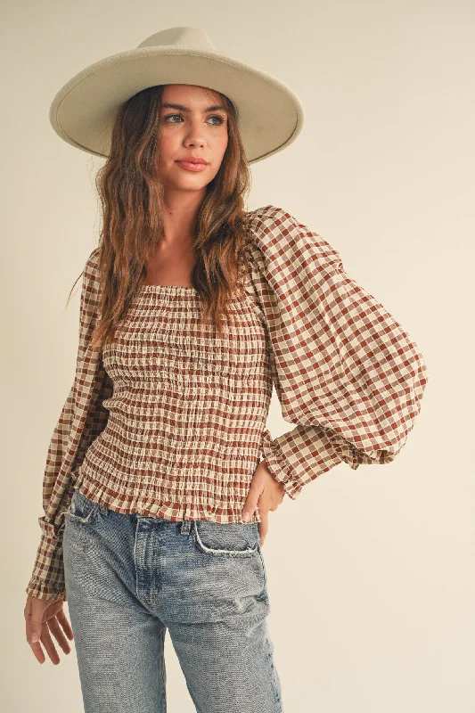 Relaxed Chic Ginger Check Gingham Square Neck Smocking Top