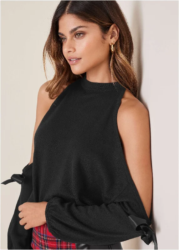 Soft Wearables Cold Shoulder Bow Sweater - Black