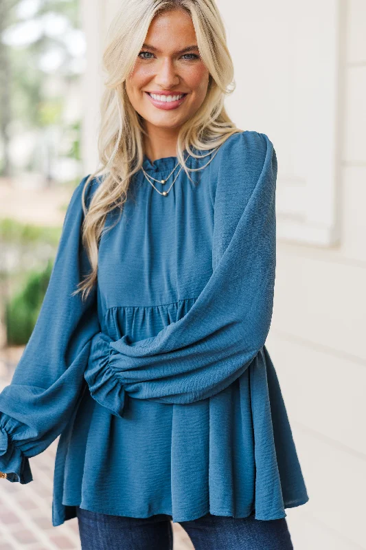 Light Fit Making Moves Teal Blue Ruffled Blouse