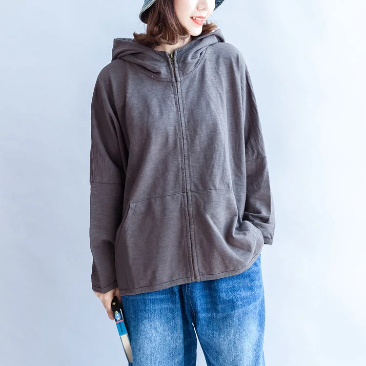 Comfortable Sweaters dark gray zippered cotton tops plus size hooded back prints batwing sleeve short coats Comfortable Sweaters dark gray zippered cotton tops plus size hooded back prints batwing sleeve short coats