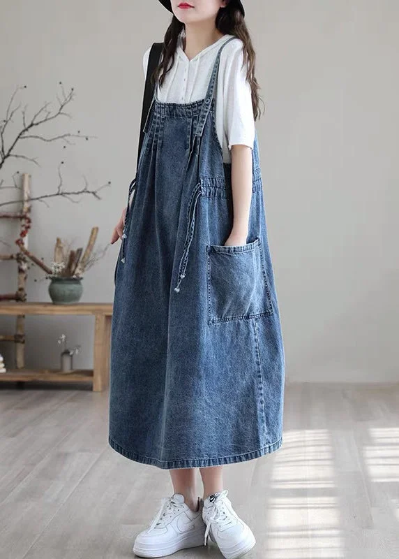 Weekend Comfort Plus Size Blue drawstring pocket Spaghetti Strap Cotton denim Dress Spring