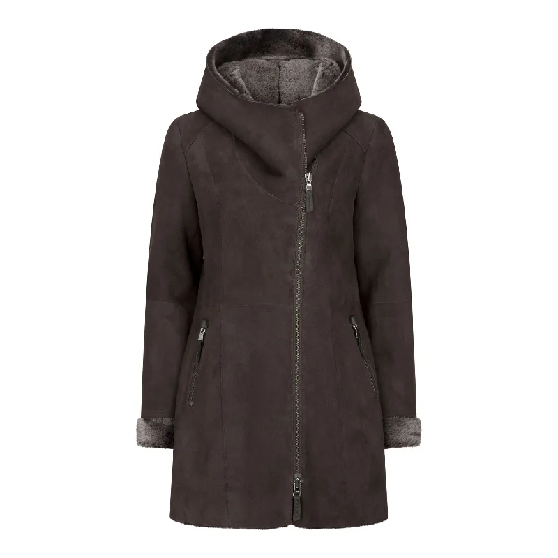 Easy Chic Women's 3/4 Mid Length Sheepskin Brown Toscana Suede Hood Coat