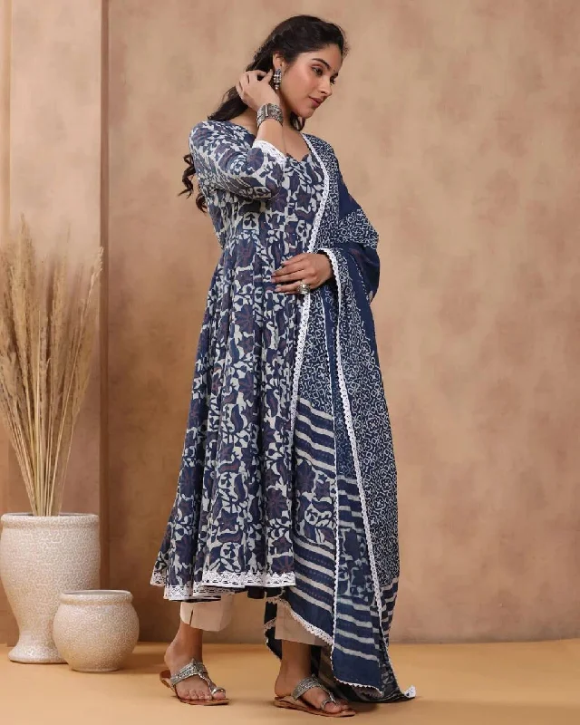 Sporty Wear Indigo Printed Anarkali Kurti with Pant and Dupatta