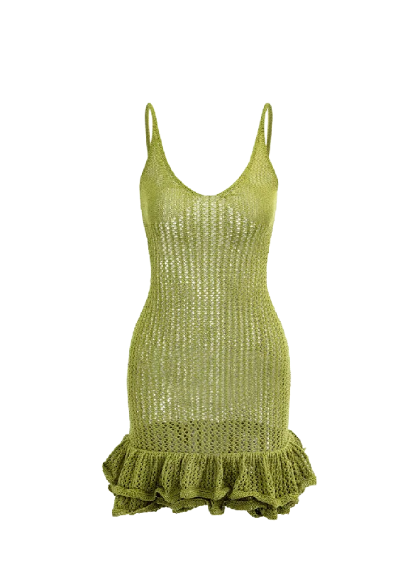 Chic Outfits A&A Green Knit Ruffle Mini Dress