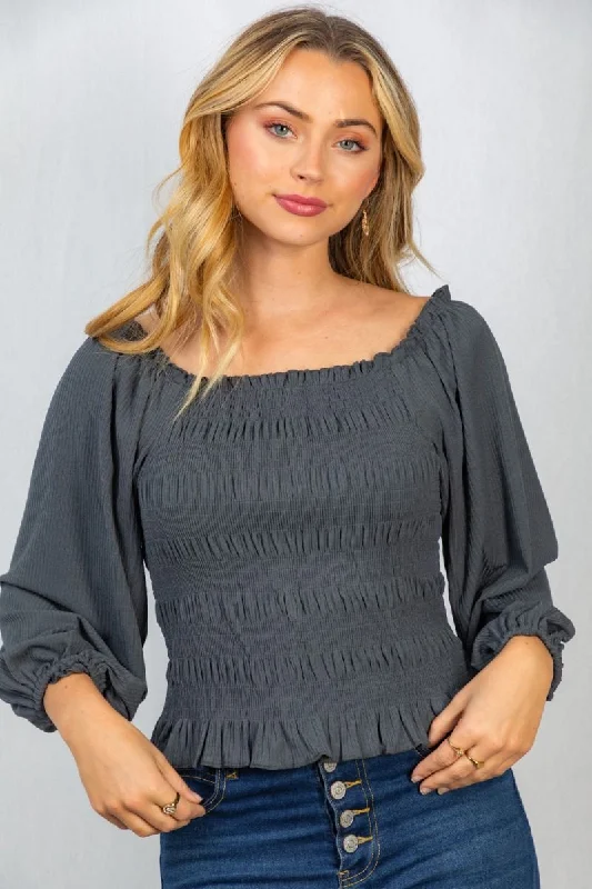 Comfortable Dresses Smocked & Ribbed Top, Charcoal
