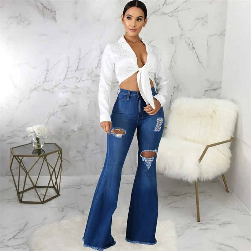 Comfortable Chic Women Ripped Flared Jeans For Women High Waist Slim Streetwear Denim Trousers Flared Pants Lady Blue Casual Denim Boot Cut Pants Comfortable Chic Women Ripped Flared Jeans For Women High Waist Slim Streetwear Denim Trousers Flared Pants Lady Blue Casual Denim Boot Cut Pants