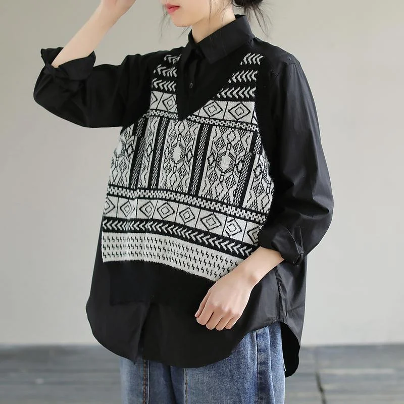 Weekend Comfort Wear Classy Lapel Patchwork Knit Fabric Spring Black Blouse